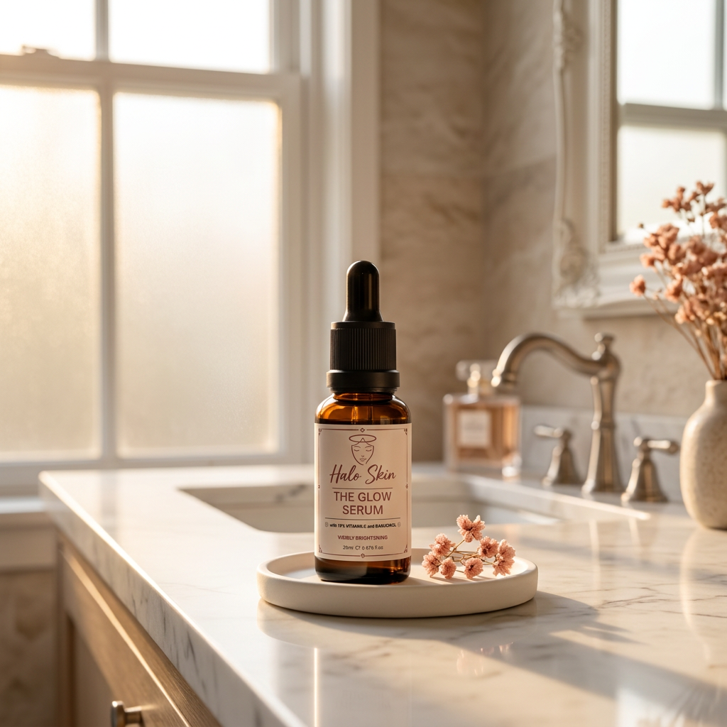 Serum bottle on a marble countertop with natural light glow enhancing
