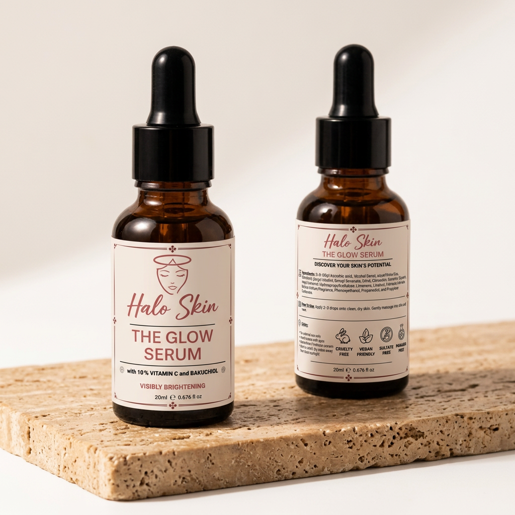 Two bottles of Halo Skin The Glow Serum on a wooden surface with a neutral background vitamin c 