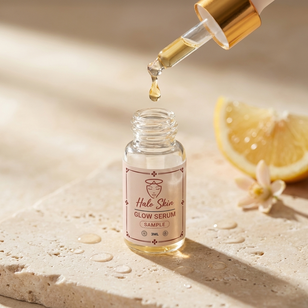 halo skin the glow serum dripping into the bottle vitamin c bakuchiol sample bottle